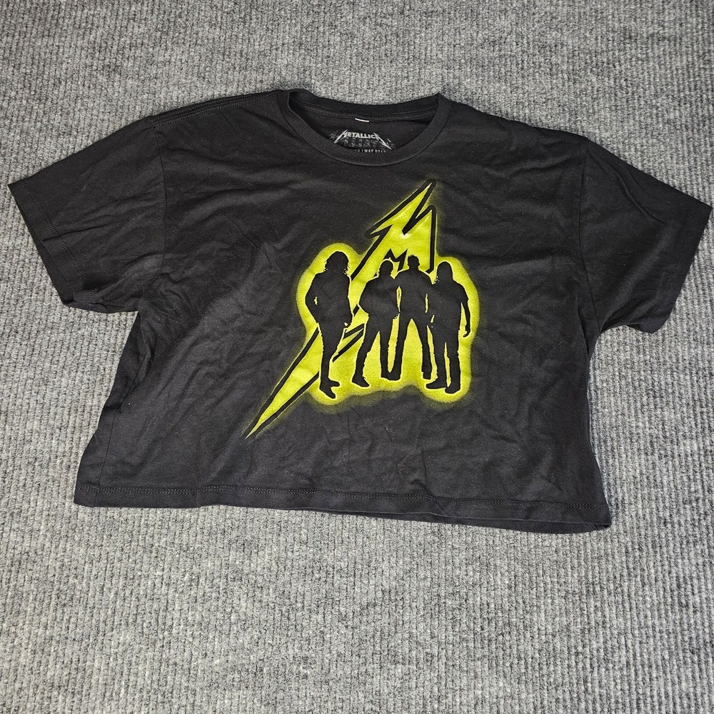 Metallica 72 Tour Shirt Womens XL Black Lightning Graphic Band Cropped Tee